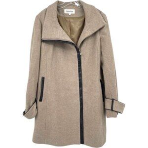 Calvin Klein Asymmetrical Funnel Neck Wool Coat Beige Size 12